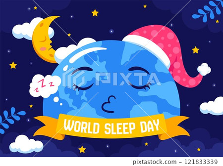 World Sleep Day Vector Illustration on March 14, Featuring People Sleeping, Clouds, Planet Earth, and the Moon in a Sky Background with Flat Cartoon 121833339