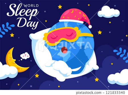 World Sleep Day Vector Illustration on March 14, Featuring People Sleeping, Clouds, Planet Earth, and the Moon in a Sky Background with Flat Cartoon 121833340