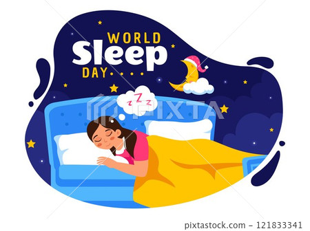 World Sleep Day Vector Illustration on March 14, Featuring People Sleeping, Clouds, Planet Earth, and the Moon in a Sky Background with Flat Cartoon 121833341