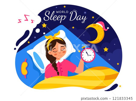 World Sleep Day Vector Illustration on March 14, Featuring People Sleeping, Clouds, Planet Earth, and the Moon in a Sky Background with Flat Cartoon World Sleep Day Vector Illustration on March 14, Featuring People Sleeping, Clouds, Planet Earth, and the Moon in a Sky Background with Flat Cartoon 121833345