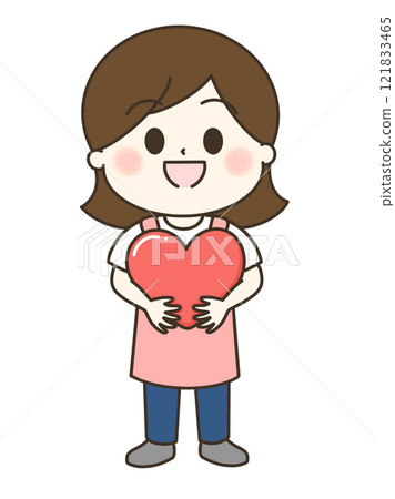 A cute and relaxed illustration of a woman in an apron holding a heart 121833465