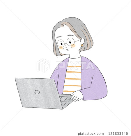 一位高級女性操作電腦的插圖 121833546