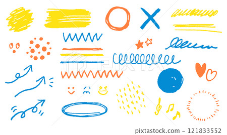塗鴉風格的材質設定與蠟筆和彩色鉛筆紋理。箭頭、圓圈、裝飾。向量圖。 塗鴉風格的材質設定與蠟筆和彩色鉛筆紋理。箭頭、圓圈、裝飾。向量圖。 121833552