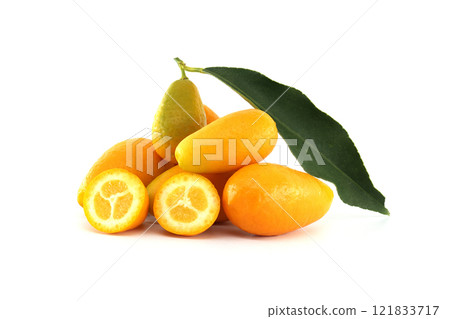 Fresh kumquats with leaf on white background Fresh kumquats with leaf on white background 121833717