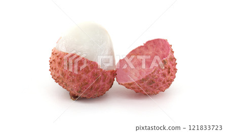 Fresh Lychee Fruit Halves on White Background 121833723