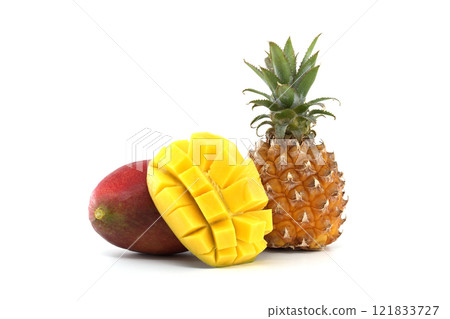Fresh Tropical Fruits Including Mango And Pineapple On White Background 121833727