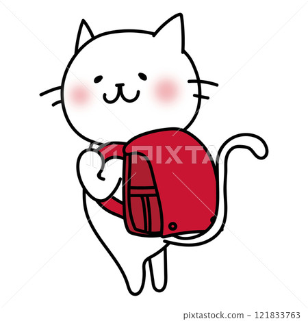 White cat carrying a red backpack 121833763