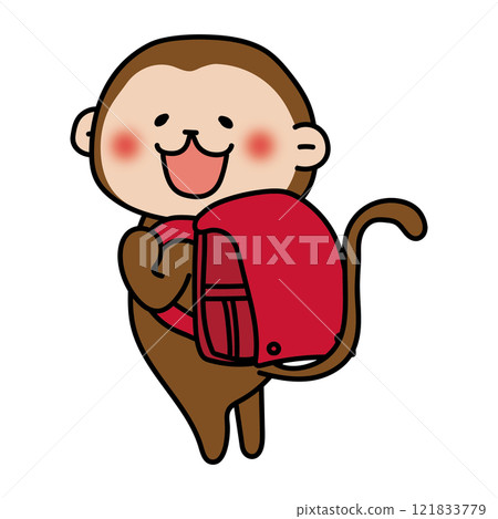 A monkey carrying a red backpack 121833779