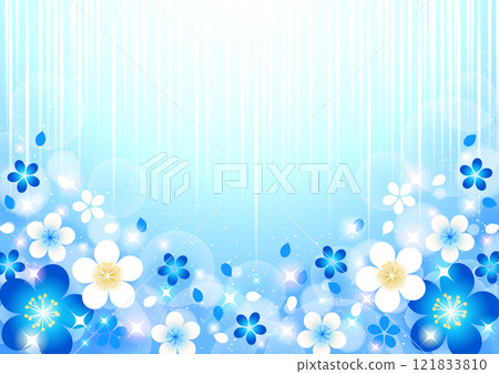 春天背景，現代日式花卉，插圖，可愛，水平，藍色 121833810