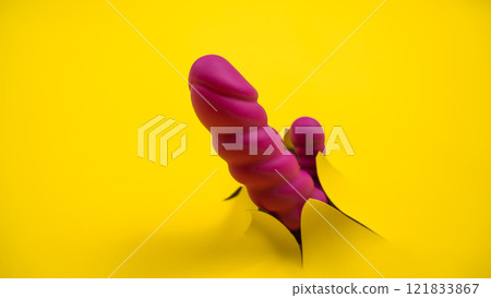 Magenta colored sex toy sticking out of yellow paper background. Copy space. Magenta colored sex toy sticking out of yellow paper background. Copy space. 121833867