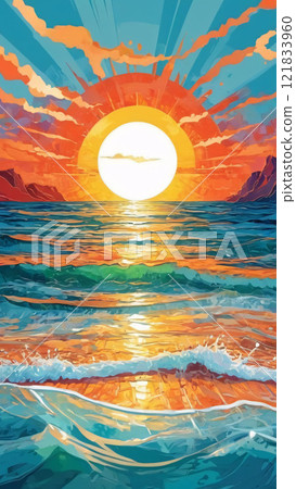 Sea wave on sunset background. Artificial intelligence.  121833960