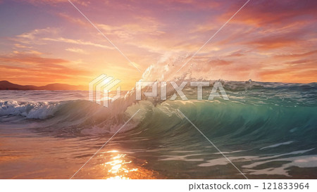 Sea wave on sunset background. Artificial intelligence.  121833964