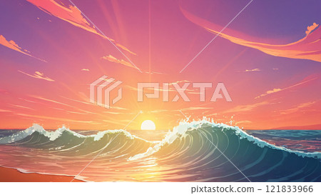 Sea wave on sunset background. Artificial intelligence.  121833966