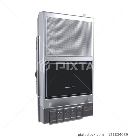 Vintage cassette player with silver finish isolated on white background Vintage cassette player with silver finish isolated on white background 121834089
