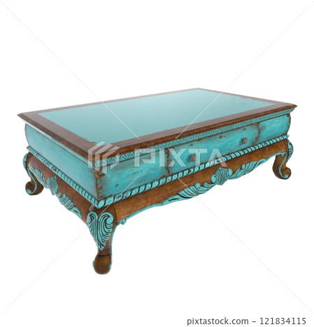 Handmade turquoise coffee table with ornate woodwork and glass top 121834115