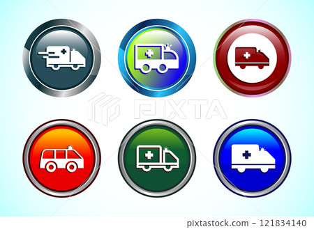 Ambulance icon design illustration. Emergency car, medicine van symbol. Button design set 121834140