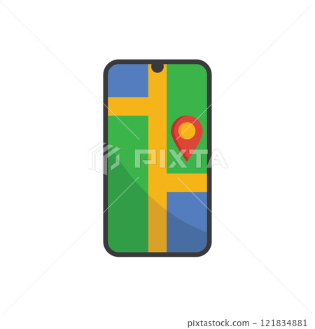 A phone screen displays a map 121834881