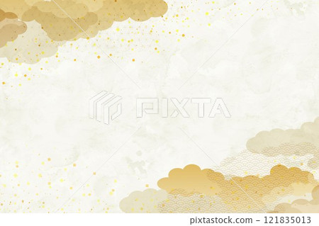 日式雲彩和金葉向量圖背景 121835013