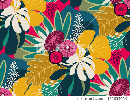 Bright vector seamless pattern with colorful tropical plants and flowers, palm leaves. Cute botanical abstract contemporary endless background. 121835034