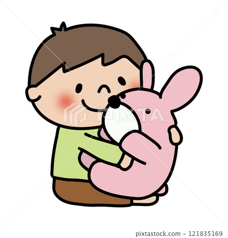 A boy holding a large stuffed rabbit 121835169