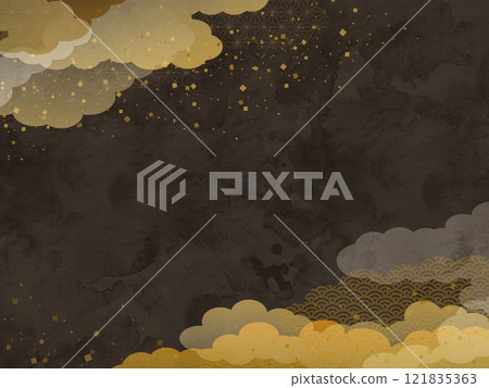 日式雲和金箔的黑色向量圖背景 121835363
