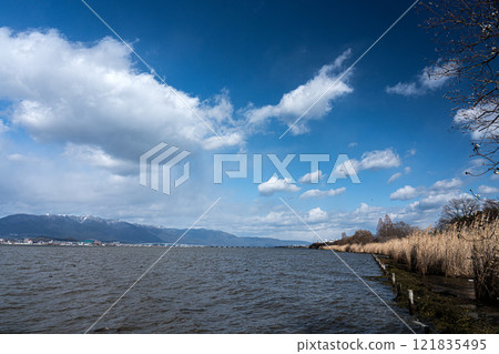 Scenery of Lake Biwa with winter seasonal winds blowing and snow-covered Hira mountain range Scenery of Lake Biwa with winter seasonal winds blowing and snow-covered Hira mountain range 121835495