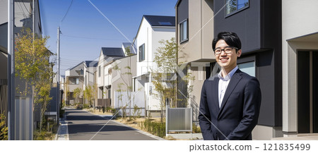 男子站在住宅區 121835499