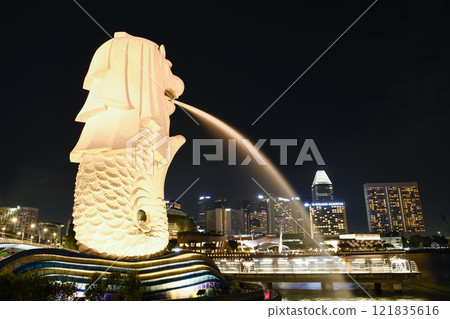 Night view of the Merlion buildings in Singapore. Merlion is the official mascot of Singapore. 121835616