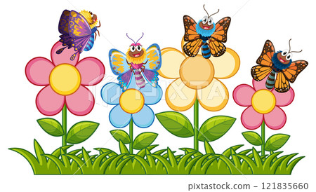 Colorful Butterflies on Vibrant Flowers Colorful Butterflies on Vibrant Flowers 121835660