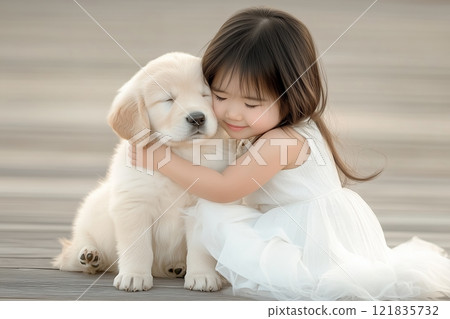 Asian Girl Hugging Golden Retriever Puppy Outdoors. Tender Moment Captures Warm Bond Between Child and Pet. Soft Light Highlights Innocence and Joy. Perfect for Family Themes. AI generated 121835732