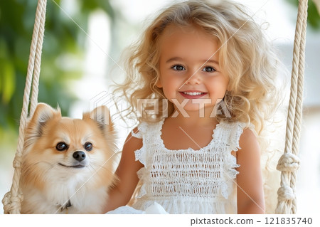 Blond Girl Smiling on Swing with Pomeranian Dog. Natural Light Highlights Joyful Bond Between Child and Pet. Warm and Cheerful Scene Perfect for Family Themes. AI generated 121835740
