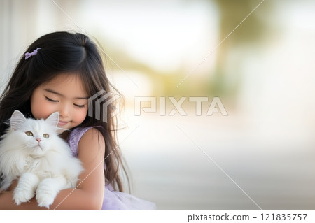 Girl is Hugging Fluffy White Cat Outdoors. Sunny Background Enhances Tender Connection Between Child and Pet. Peaceful and Loving Moment Captures Pure Innocence. AI generated 121835757