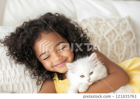 Girl is Smiling While Hugging Fluffy White Kitten Indoors. Cozy Background Adds Warmth to Scene. Tender Moment of Affection Between Child and Pet. Peaceful Happiness. AI generated Girl is Smiling While Hugging Fluffy White Kitten Indoors. Cozy Background Adds Warmth to Scene. Tender Moment of Affection Between Child and Pet. Peaceful Happiness. AI generated 121835761