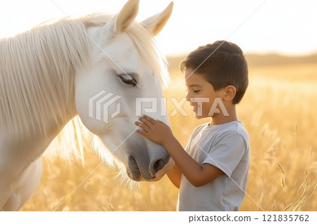 Boy is Gently Touching White Horse in Golden Field. Warm Evening Light Highlights Peaceful Interaction. Strong Bond Between Child and Animal. Moment of Harmony. AI generated 121835762
