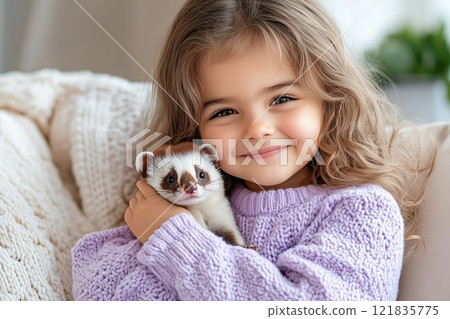 Girl is Hugging Ferret and Smiling. Ferret Sits Calmly in Childs Arms While Cozy Background Adds Warmth to Indoor Scene. Bright Natural Light Highlights Tenderness of Moment. AI generated 121835775