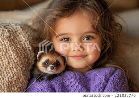 Little Girl is Holding Ferret on Couch. Ferret Looks Adorable and Curious as Child Smiles Sweetly. Cozy Indoor Scene with Warm Natural Light Highlights Bond Between Girl and Pet. AI generated 121835776