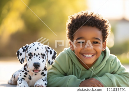 Cheerful Boy Lying on Grass Next to Dalmatian Puppy. Warm Sunlight and Playful Expressions Highlight Bond Between Child and Pet. Perfect for Family and Lifestyle Themes. AI generated 121835791