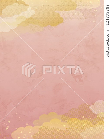 Pink vector illustration background with Japanese style clouds and gold leaf 121835888