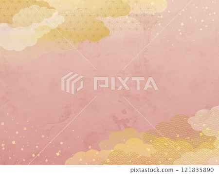 Pink vector illustration background with Japanese style clouds and gold leaf 121835890