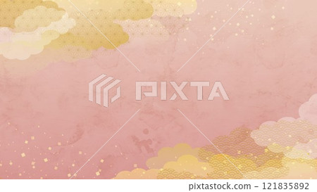 Pink vector illustration background with Japanese style clouds and gold leaf 121835892