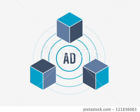 Blockchain technology transforms digital advertising with secure data sharing, transparent transactions, decentralized marketing strategies. Ad tech innovation and future marketing trends illustration 121836063