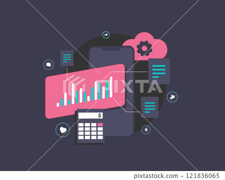 Social Media Influencer ROI Tracking. Measure roi of influencer campaigns using advanced analytics tools. Influencer posts, engagement metrics and ROI graphs isolated black background illustration 121836065