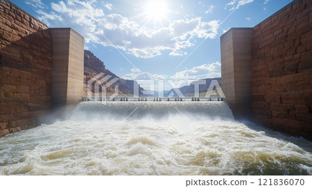 Hydroelectric dam emphasizing environmental and clean energy impact Hydroelectric dam emphasizing environmental and clean energy impact 121836070