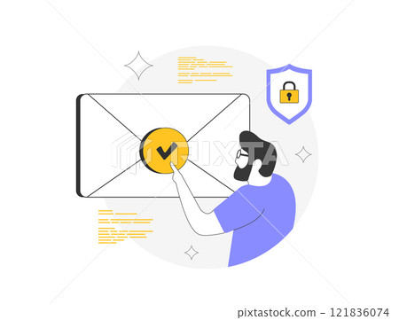 Email authentication illustration with verified envelope, security shield and user interaction. Secure communication, email verification and online data protection isolated vector illustration Email authentication illustration with verified envelope, security shield and user interaction. Secure communication, email verification and online data protection isolated vector illustration 121836074