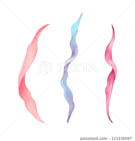 Curved underwater plant, seaweed. Watercolor and marker illustration. Hand drawn isolated art. Marine botanical kelp clipart. Natural form of marine flora. Suitable for cosmetic design, ocean decor. 121836097