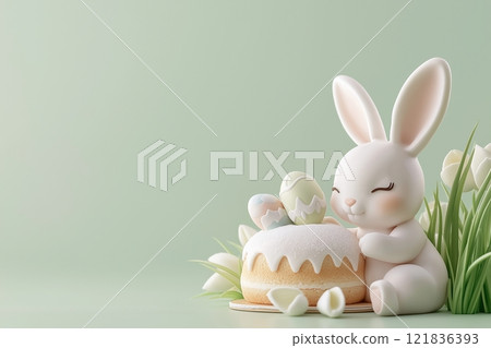 Bunny Sitting Near Easter Cake with Colorful Eggs. Cute Rabbit Smiling on Pastel Green Background. Delicate Flowers and Grass Around. Perfect for Easter Celebrations. AI generated Bunny Sitting Near Easter Cake with Colorful Eggs. Cute Rabbit Smiling on Pastel Green Background. Delicate Flowers and Grass Around. Perfect for Easter Celebrations. AI generated 121836393