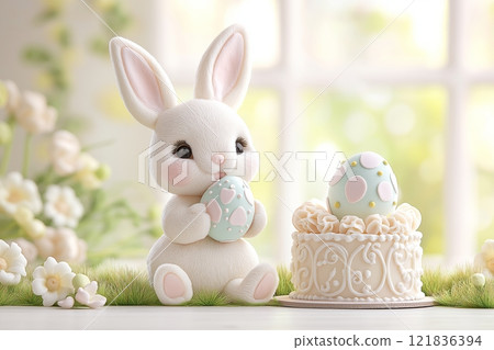White Bunny Holding Decorated Easter Egg Sitting Near Fancy Cake. Soft Floral Details Enhance Spring Atmosphere. Perfect For Festive Themes And Holiday Cheer. AI Generated 121836394