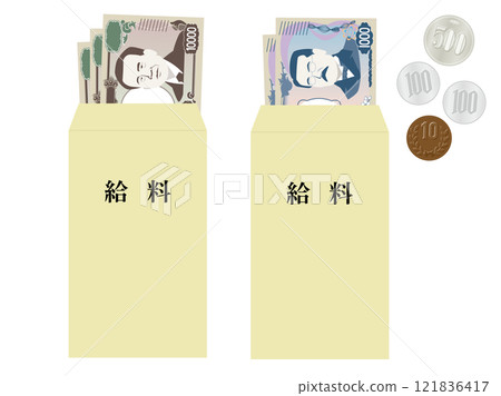 Illustration of a pay envelope with bills visible - image of payday and income 121836417