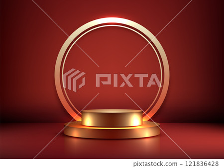 Luxury Gold Podium with Glowing Circle on Red Backdrop for Chinese New Year Showcase and Elegant Product Display Luxury Gold Podium with Glowing Circle on Red Backdrop for Chinese New Year Showcase and Elegant Product Display 121836428