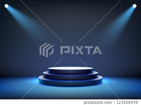 3D tiered Blue Podium Stage with Bright Spotlights Award Ceremony, Product Display, and Mockup Showcase 3D tiered Blue Podium Stage with Bright Spotlights Award Ceremony, Product Display, and Mockup Showcase 121836439